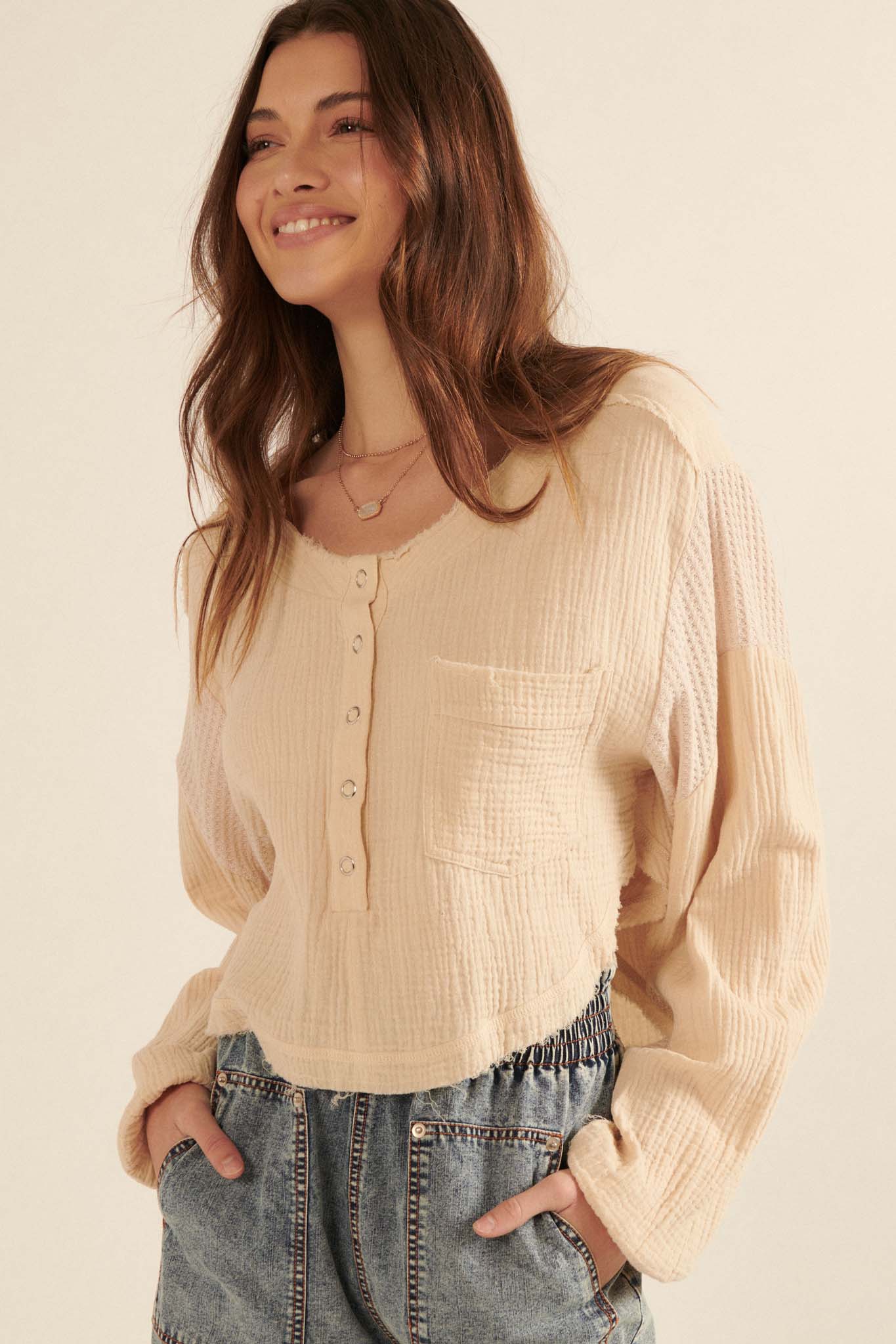 Easy Life Cropped Crinkle Cotton Henley Top - ShopPromesa