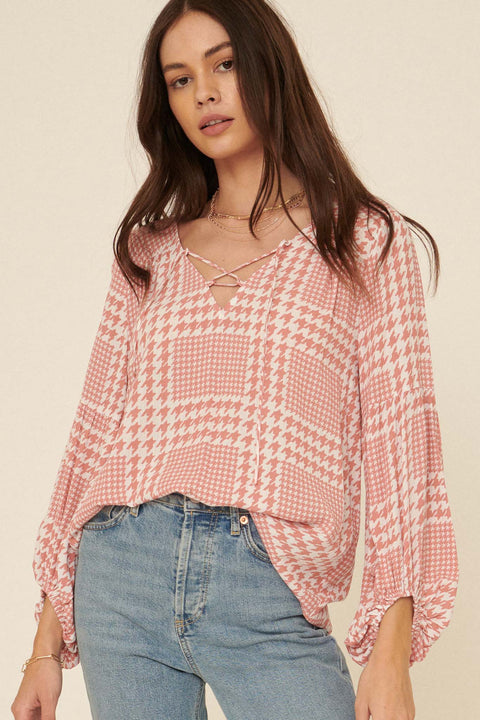 On My Mind Houndstooth Plaid Peasant Top - ShopPromesa