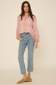 On My Mind Houndstooth Plaid Peasant Top - ShopPromesa