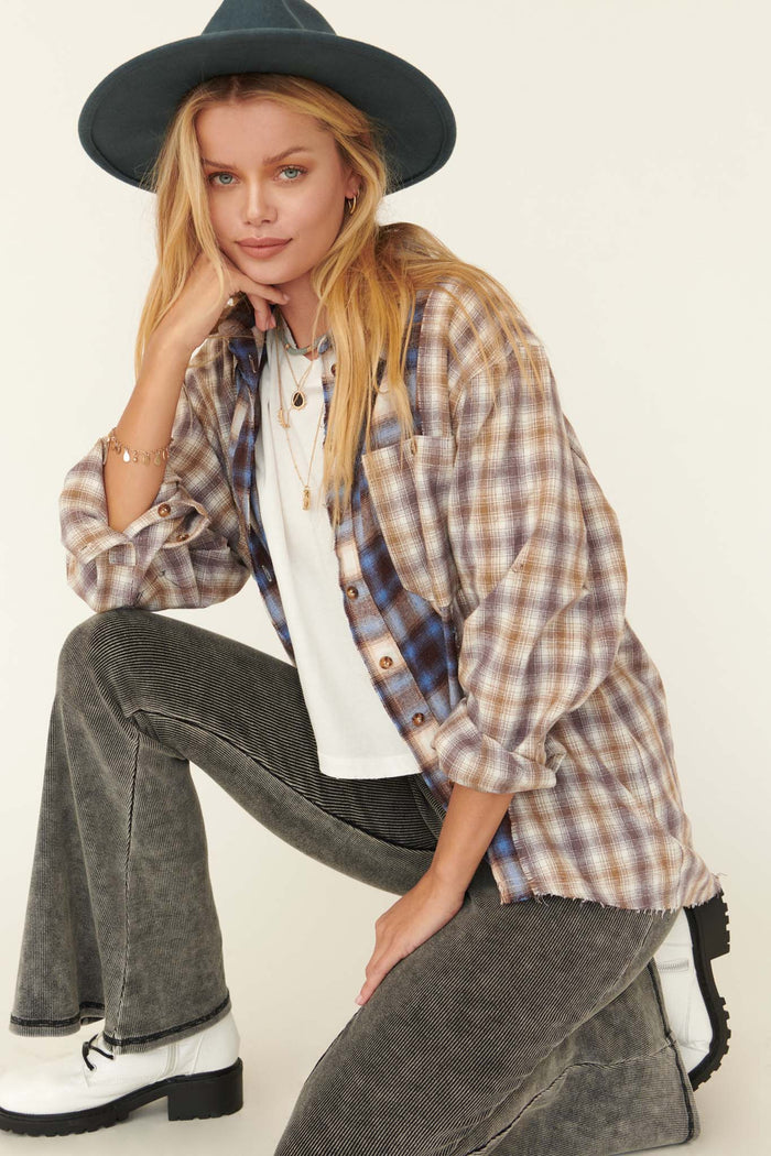 Down Home Colorblock Plaid Raw-Edge Shirt - ShopPromesa