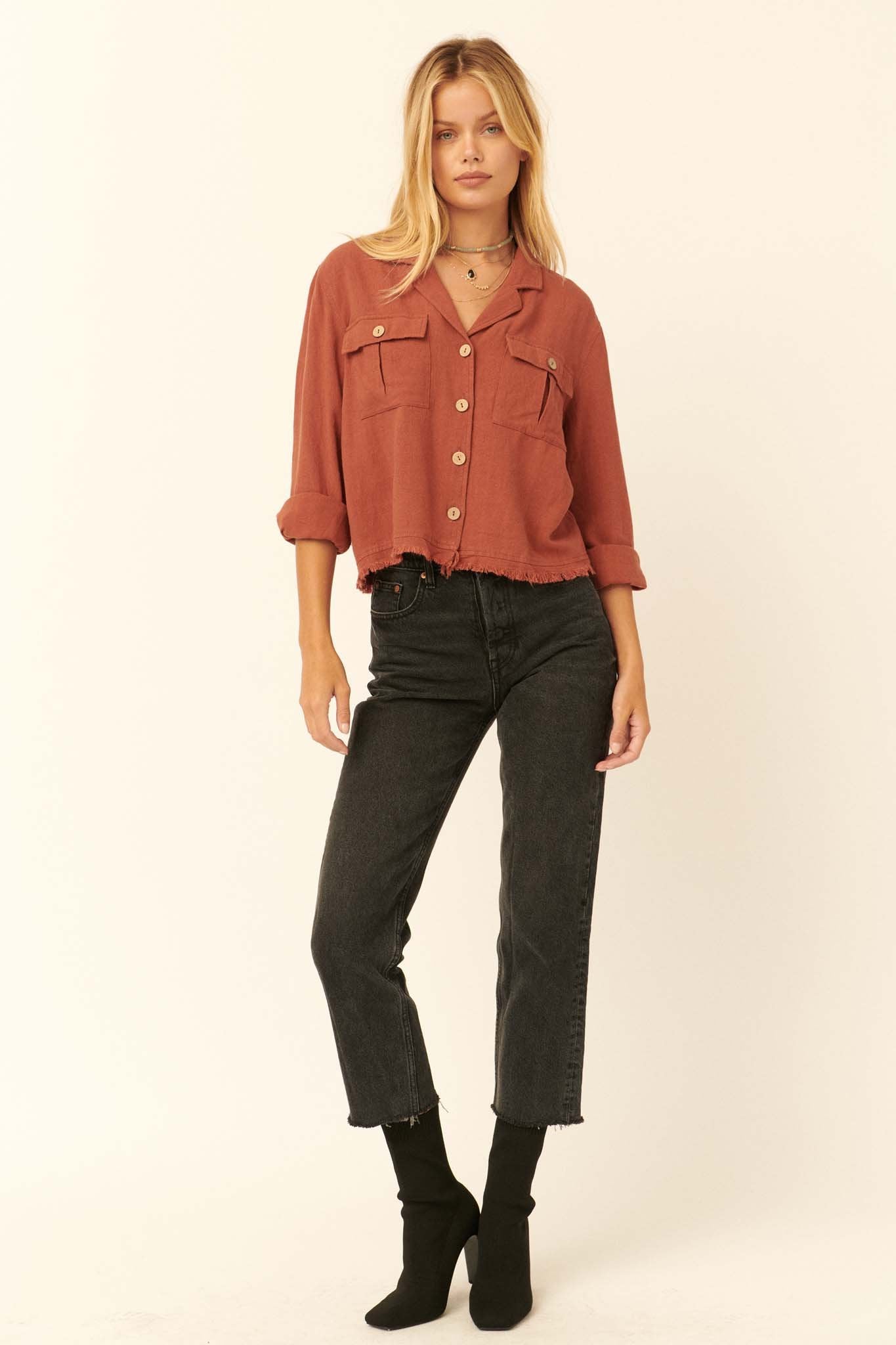 Inner Strength Buttoned Frayed-Hem Pocket Shirt - ShopPromesa