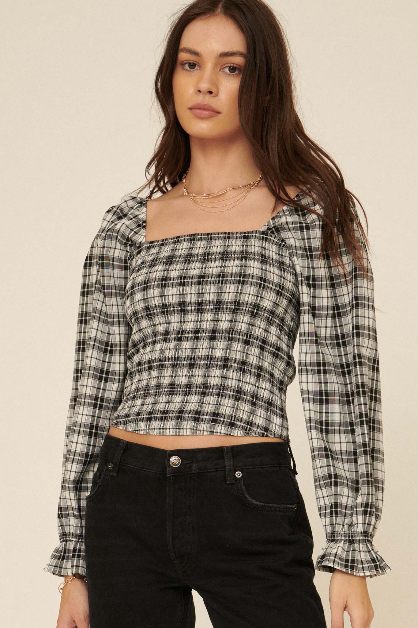 Barn Dance Smocked Plaid Peasant Top - ShopPromesa