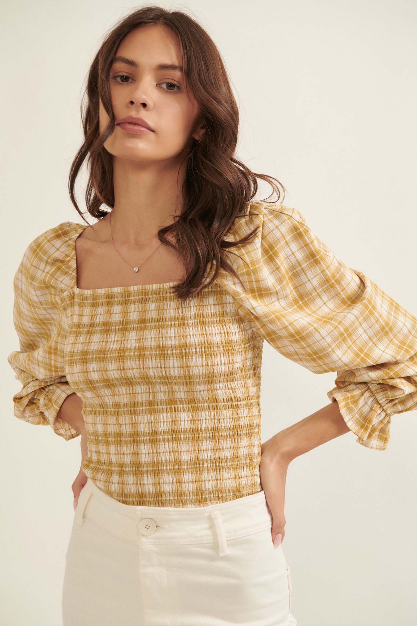 Barn Dance Smocked Plaid Peasant Top - ShopPromesa