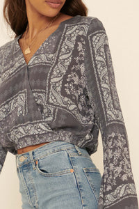 Bandana-Print Cropped Bell-Sleeve Top - ShopPromesa