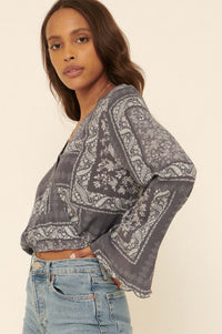 Bandana-Print Cropped Bell-Sleeve Top - ShopPromesa