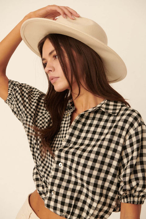 Carefree Heart Cropped Button-Up Gingham Shirt - ShopPromesa