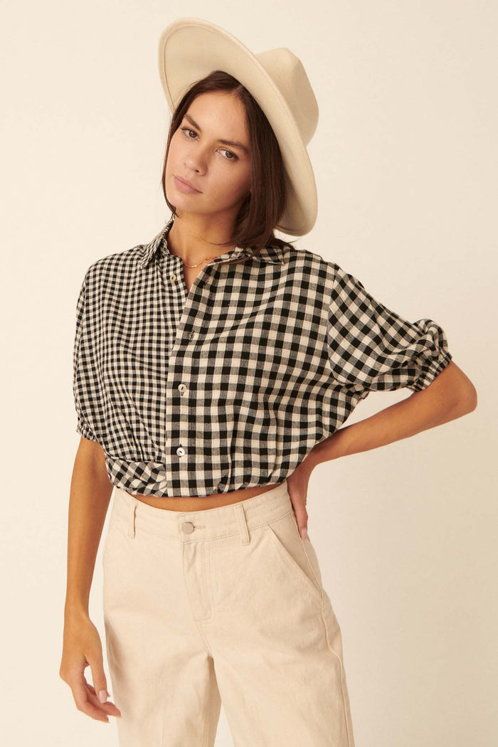 Carefree Heart Cropped Button-Up Gingham Shirt - ShopPromesa