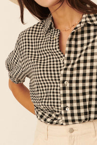 Carefree Heart Cropped Button-Up Gingham Shirt - ShopPromesa