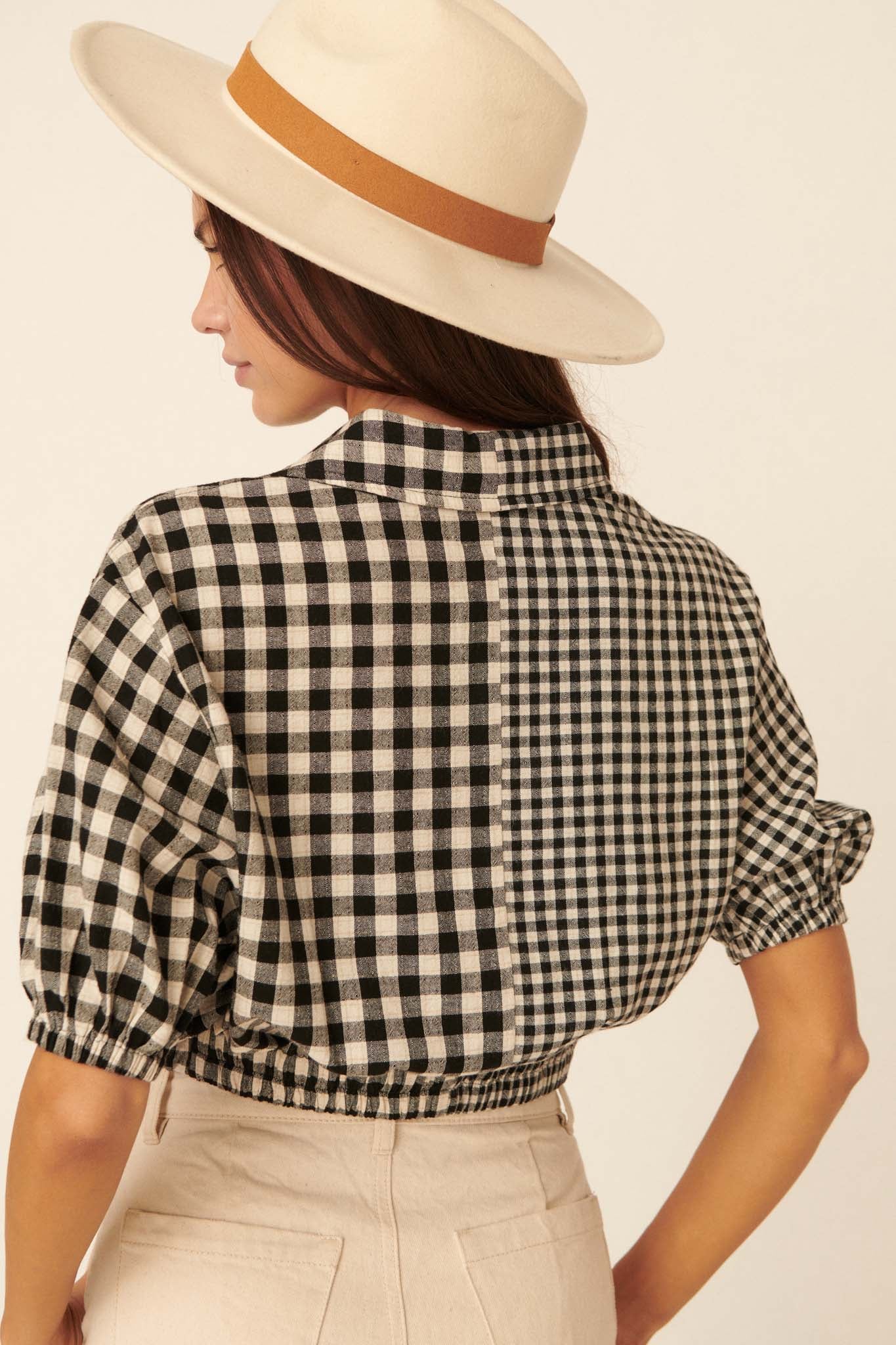 Carefree Heart Cropped Button-Up Gingham Shirt - ShopPromesa