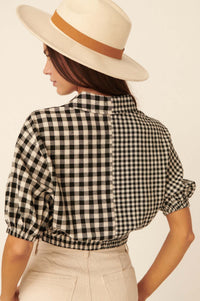 Carefree Heart Cropped Button-Up Gingham Shirt - ShopPromesa