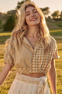 Carefree Heart Cropped Button-Up Gingham Shirt - ShopPromesa