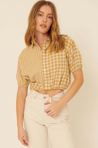 Carefree Heart Cropped Button-Up Gingham Shirt - ShopPromesa