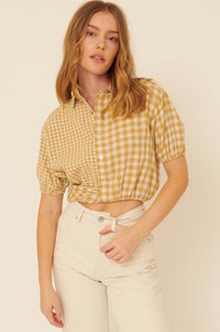 Carefree Heart Cropped Button-Up Gingham Shirt - ShopPromesa