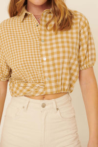 Carefree Heart Cropped Button-Up Gingham Shirt - ShopPromesa