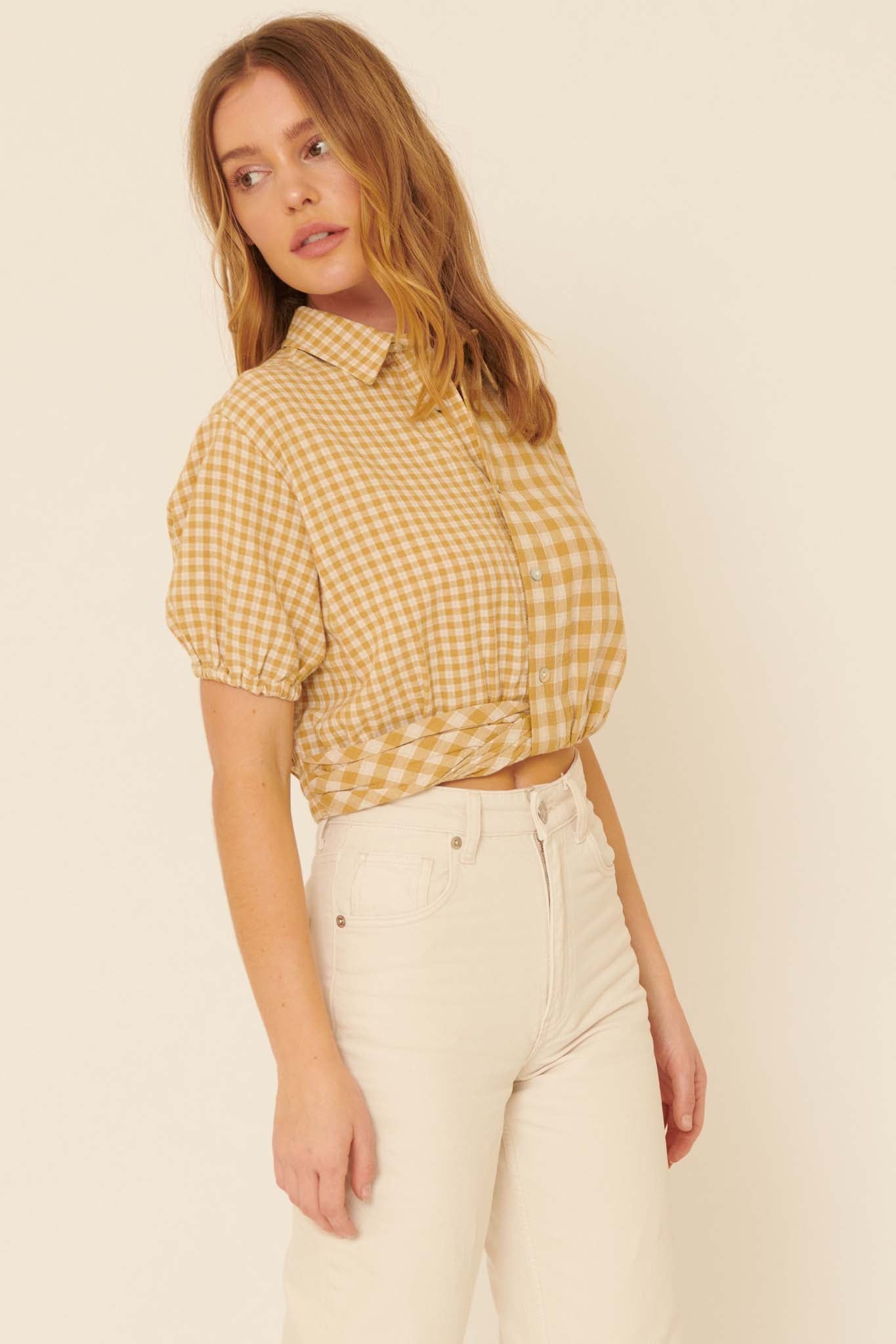 Carefree Heart Cropped Button-Up Gingham Shirt - ShopPromesa