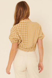 Carefree Heart Cropped Button-Up Gingham Shirt - ShopPromesa