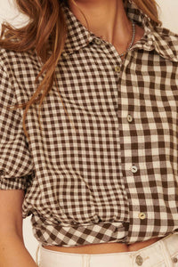 Carefree Heart Cropped Button-Up Gingham Shirt - ShopPromesa