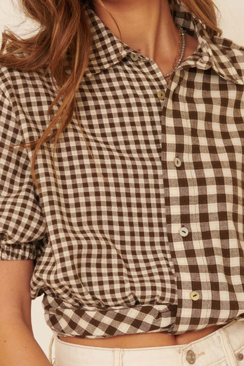 Carefree Heart Cropped Button-Up Gingham Shirt - ShopPromesa