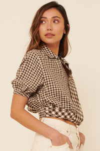 Carefree Heart Cropped Button-Up Gingham Shirt - ShopPromesa