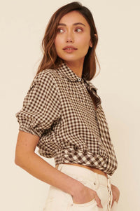 Carefree Heart Cropped Button-Up Gingham Shirt - ShopPromesa