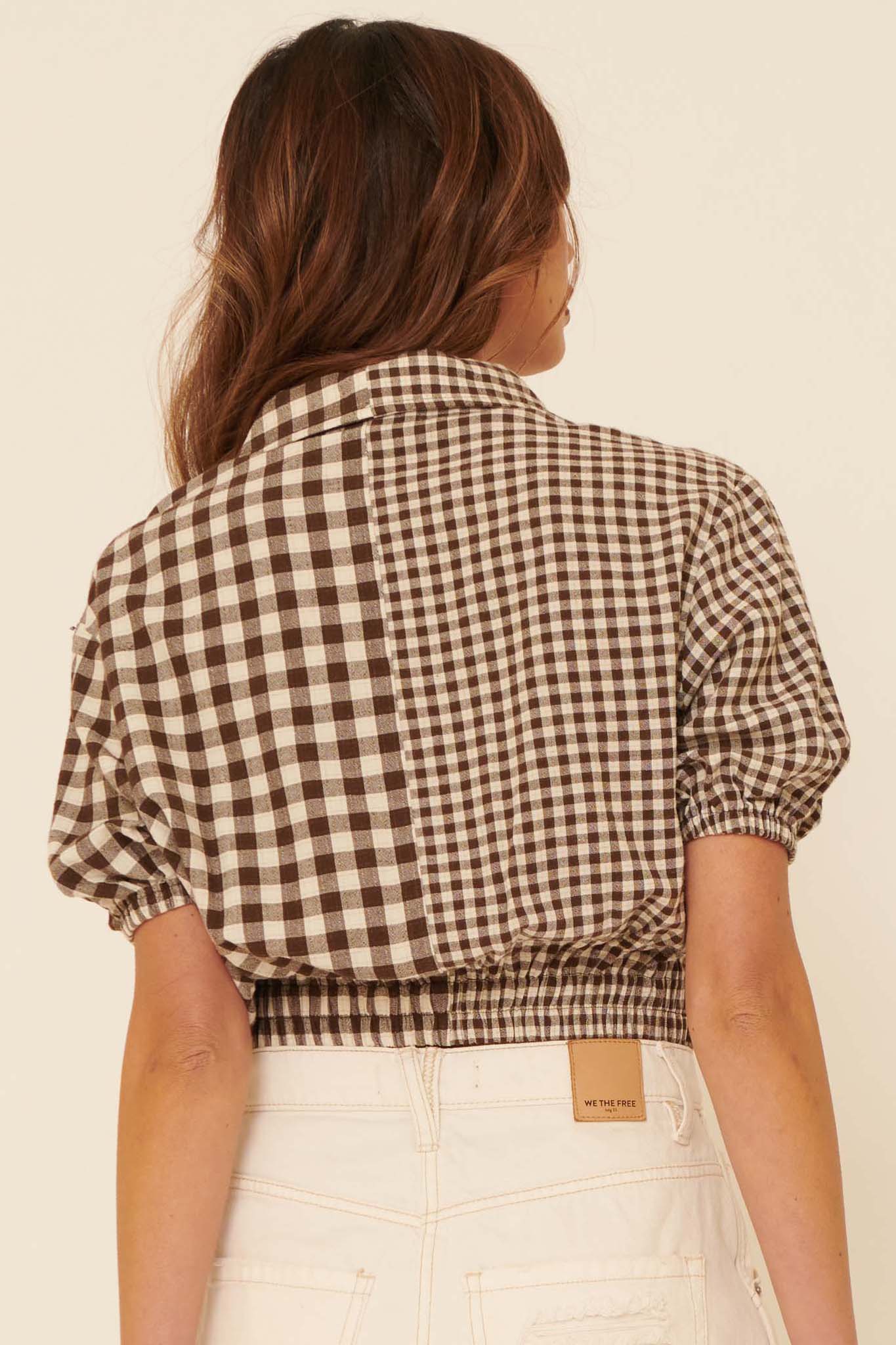 Carefree Heart Cropped Button-Up Gingham Shirt - ShopPromesa