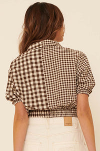 Carefree Heart Cropped Button-Up Gingham Shirt - ShopPromesa