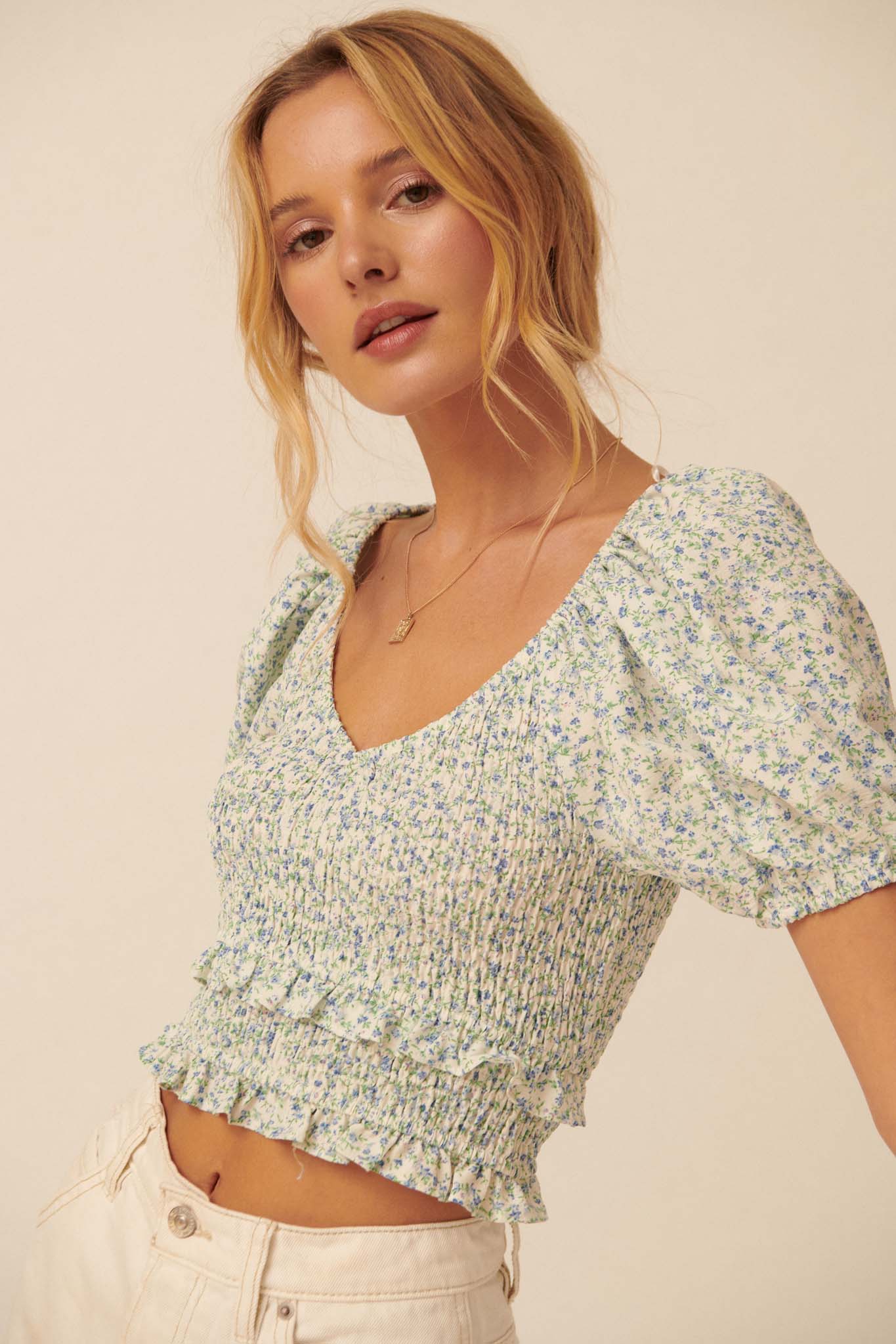 Sunny Side Smocked Floral Cropped Peasant Top - ShopPromesa