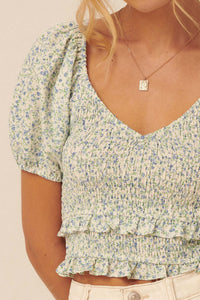 Sunny Side Smocked Floral Cropped Peasant Top - ShopPromesa