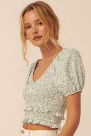 Sunny Side Smocked Floral Cropped Peasant Top - ShopPromesa