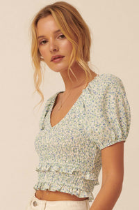 Sunny Side Smocked Floral Cropped Peasant Top - ShopPromesa