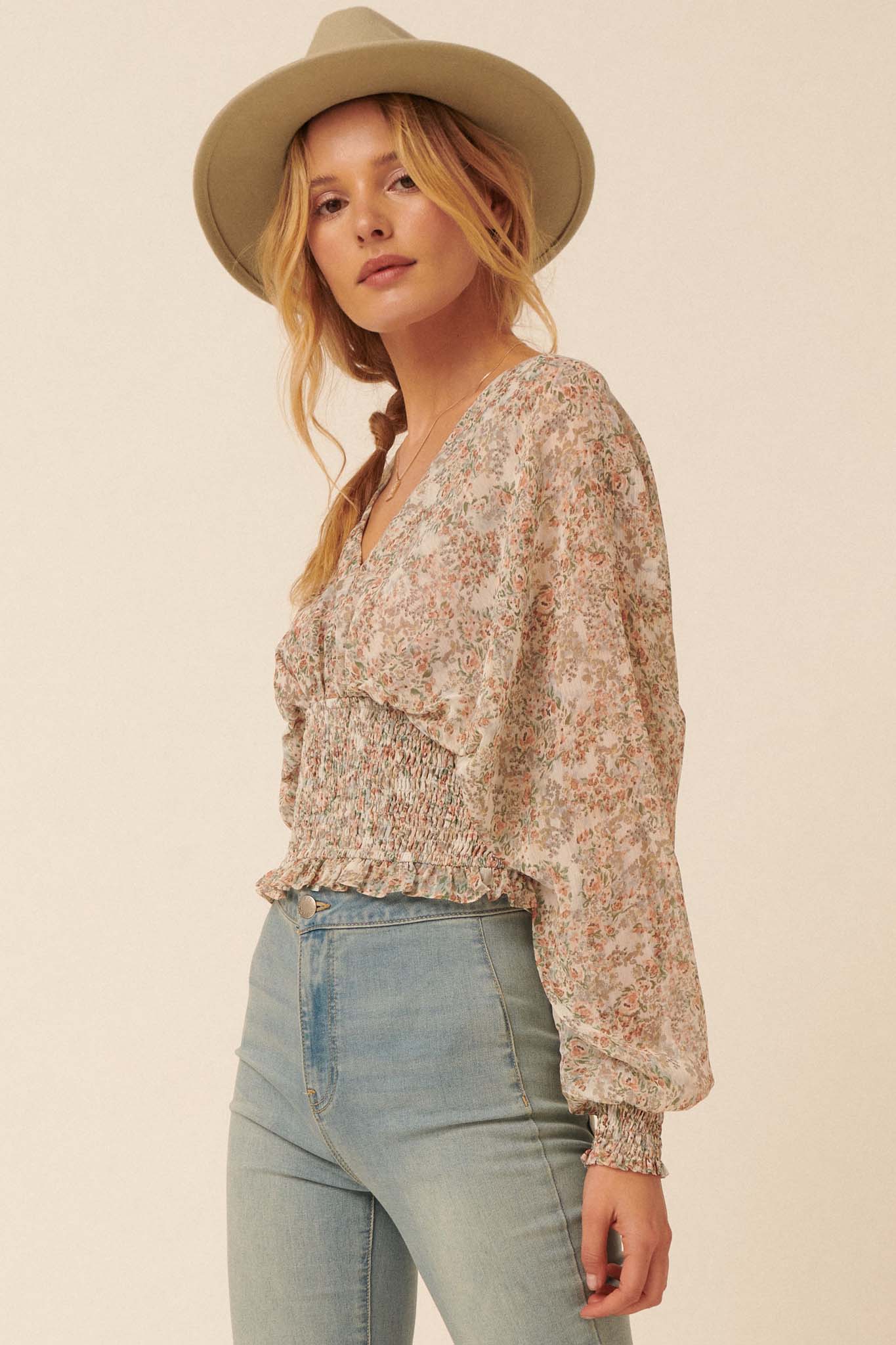 Hothouse Flowers Floral Chiffon Peasant Top - ShopPromesa