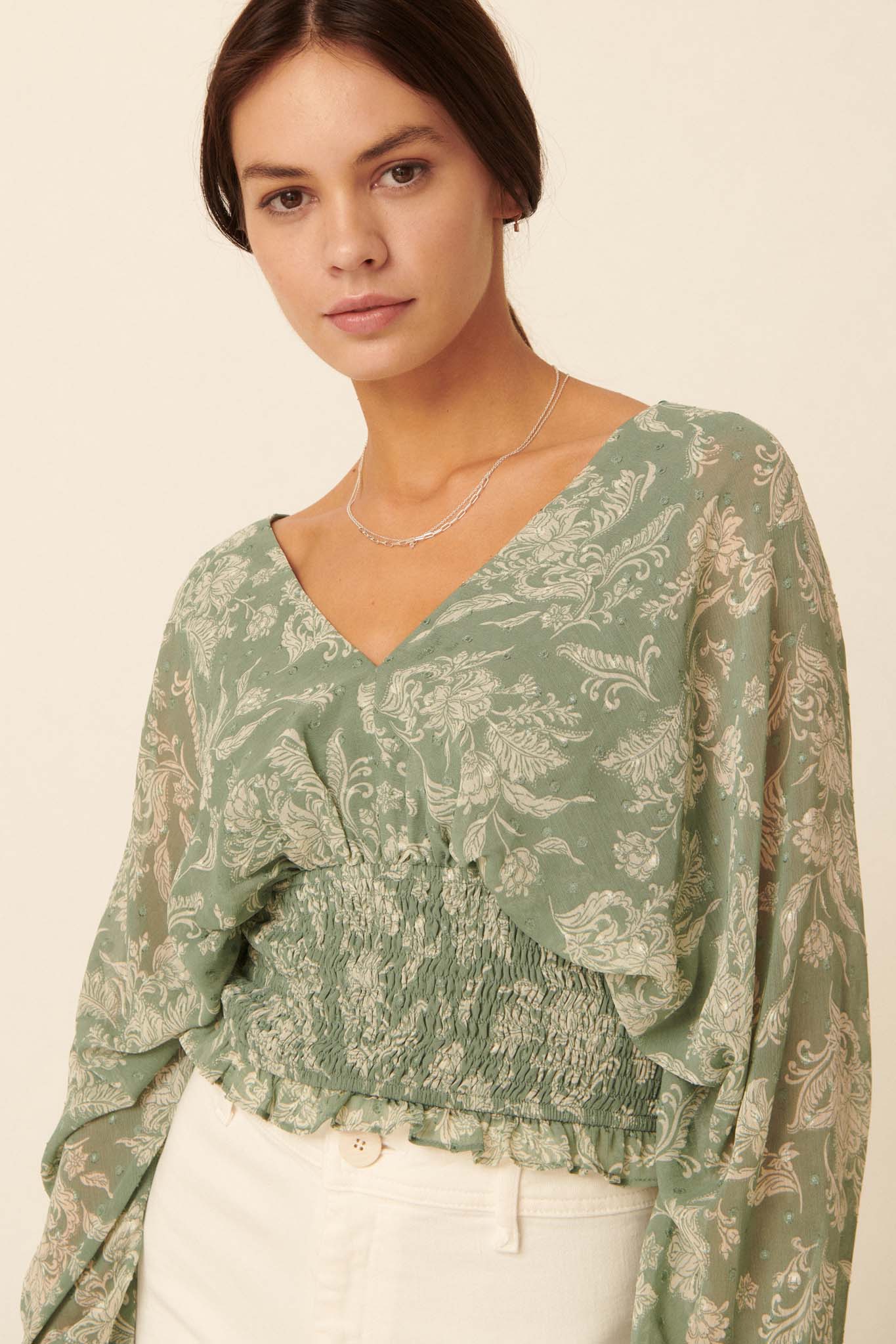 Smocked kimono top on sale