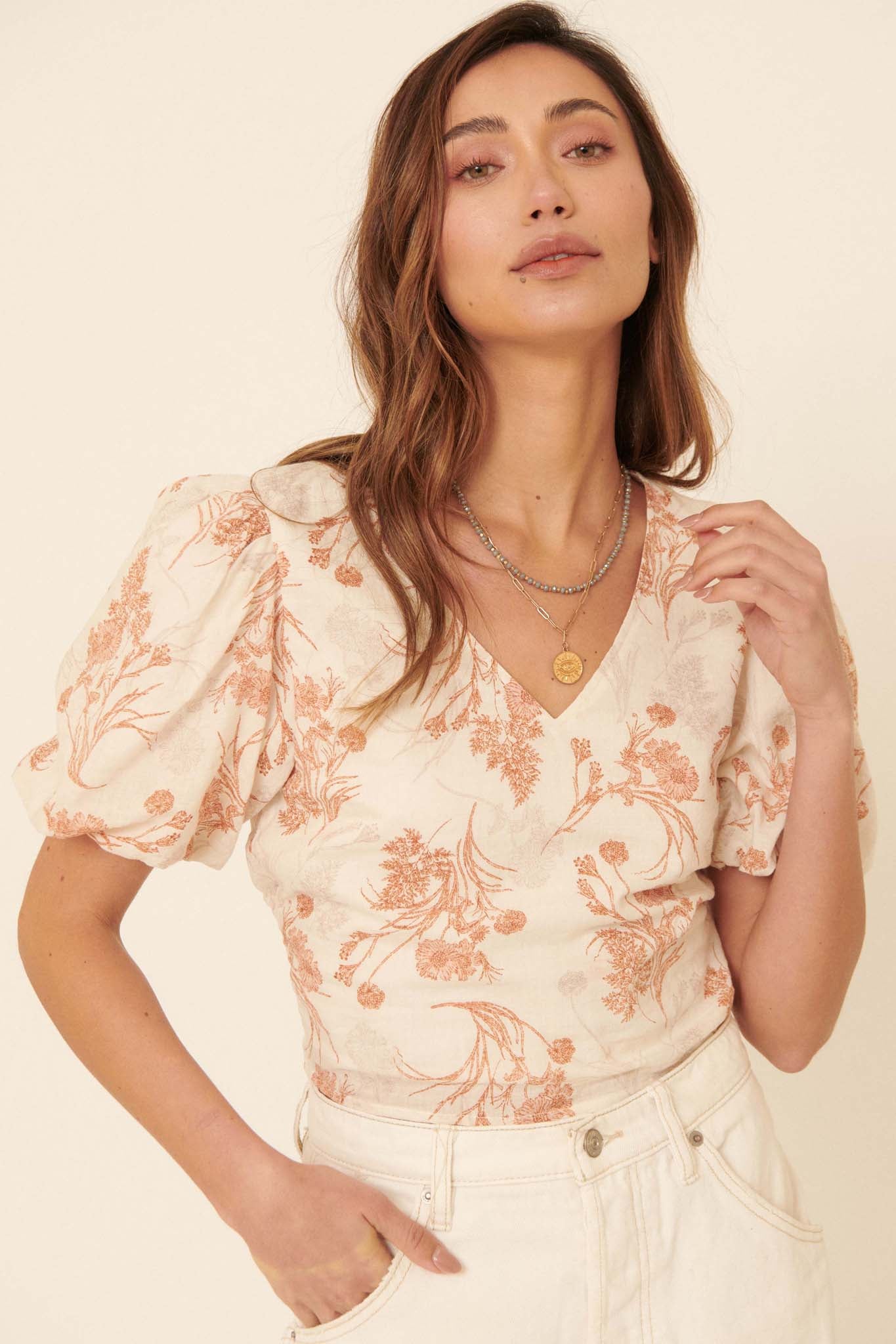 Graceful Beauty Floral Puff-Sleeve Cropped Blouse - ShopPromesa