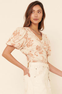 Graceful Beauty Floral Puff-Sleeve Cropped Blouse - ShopPromesa