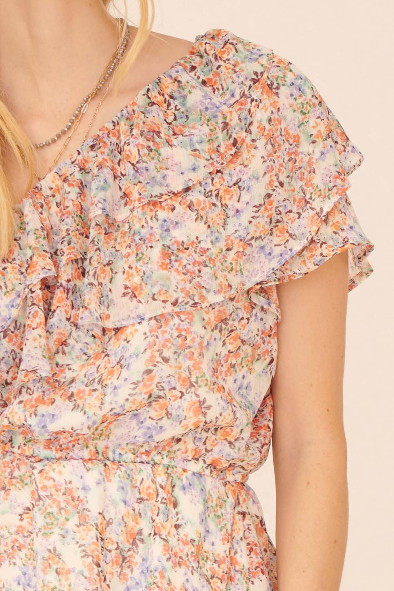 Monet All Day Ruffled Floral One-Shoulder Top - ShopPromesa