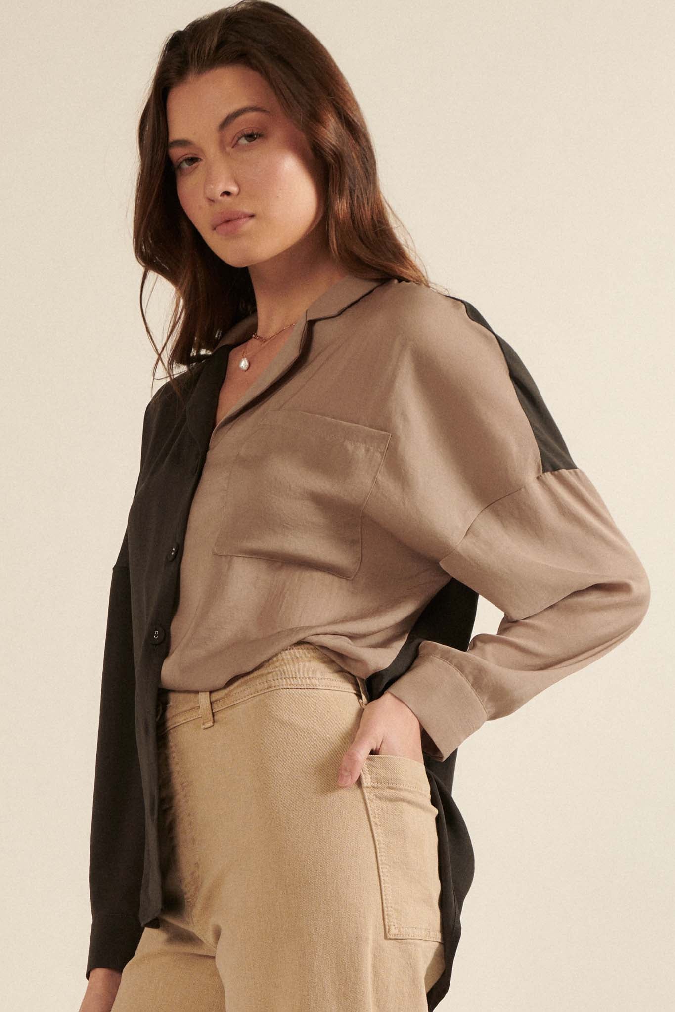 Double Trouble Colorblock Washed Satin Shirt - ShopPromesa