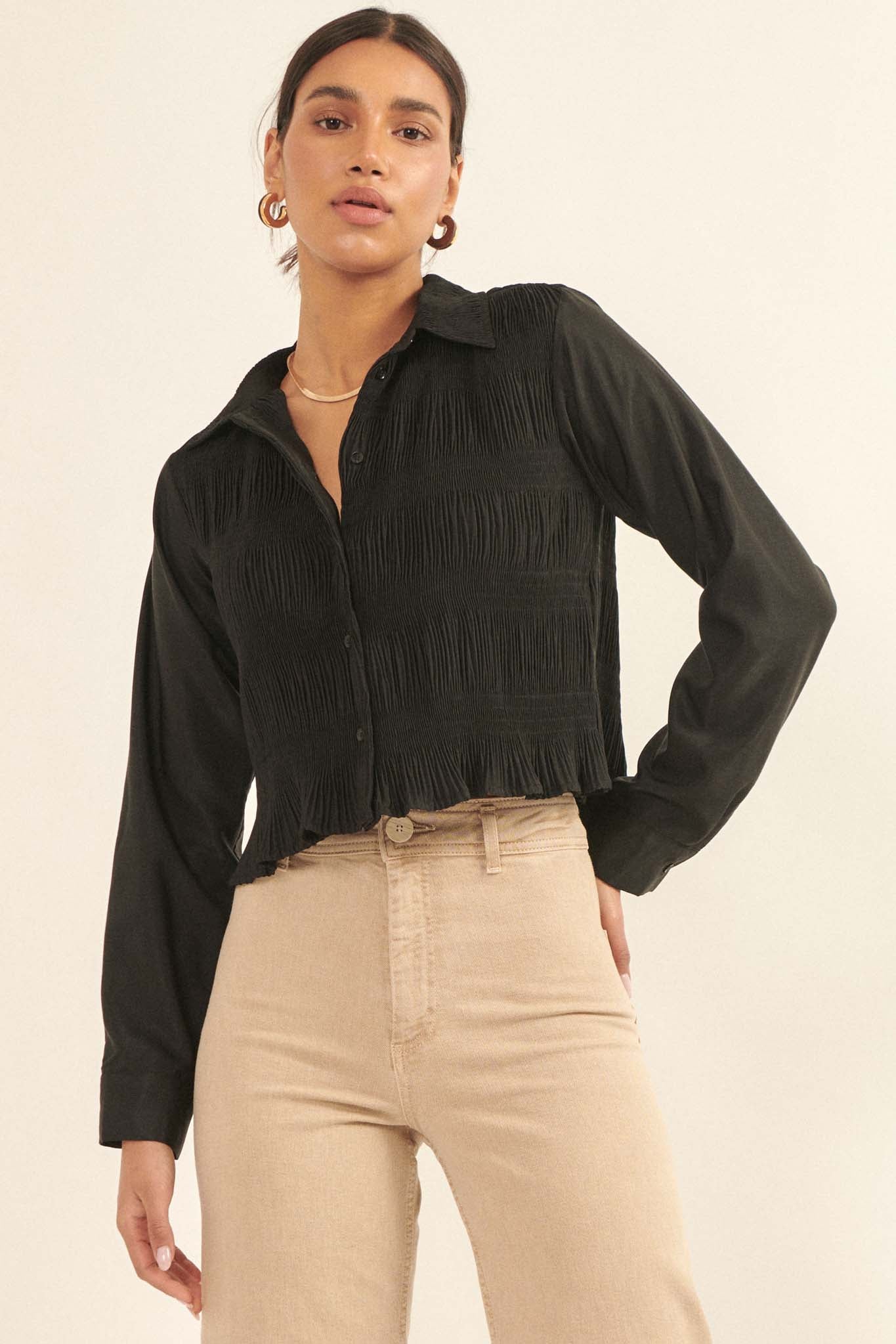 Pucker Up Pleated Button-Up Cropped Shirt - ShopPromesa