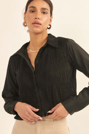 Pucker Up Pleated Button-Up Cropped Shirt - ShopPromesa