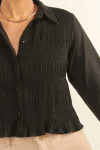 Pucker Up Pleated Button-Up Cropped Shirt - ShopPromesa