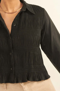 Pucker Up Pleated Button-Up Cropped Shirt - ShopPromesa