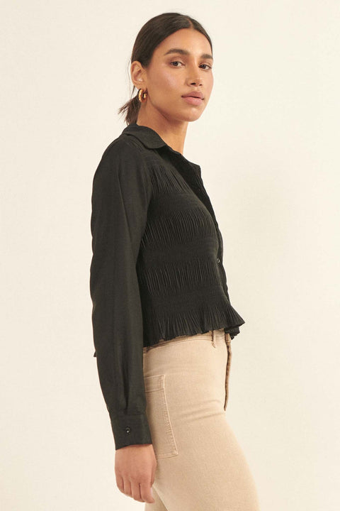 Pucker Up Pleated Button-Up Cropped Shirt - ShopPromesa