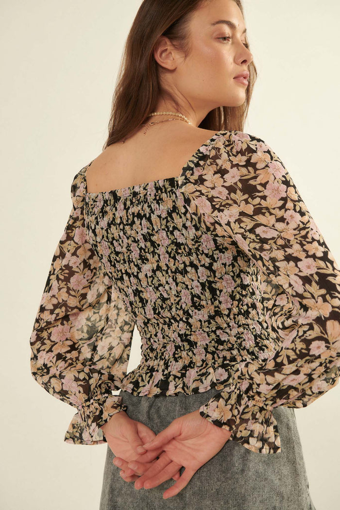 Floral Fascination Smocked Chiffon Peasant Top - ShopPromesa