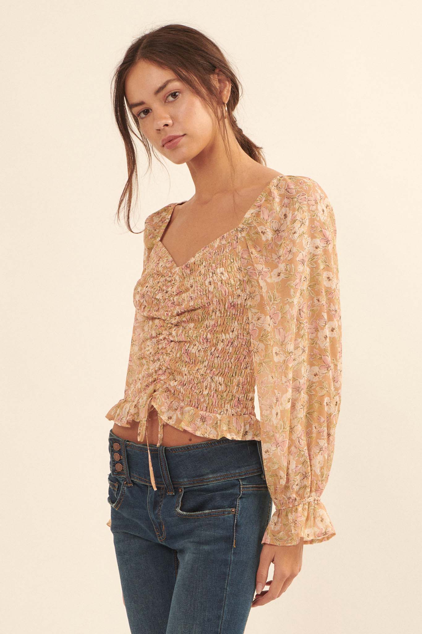 Floral Fascination Smocked Chiffon Peasant Top - ShopPromesa