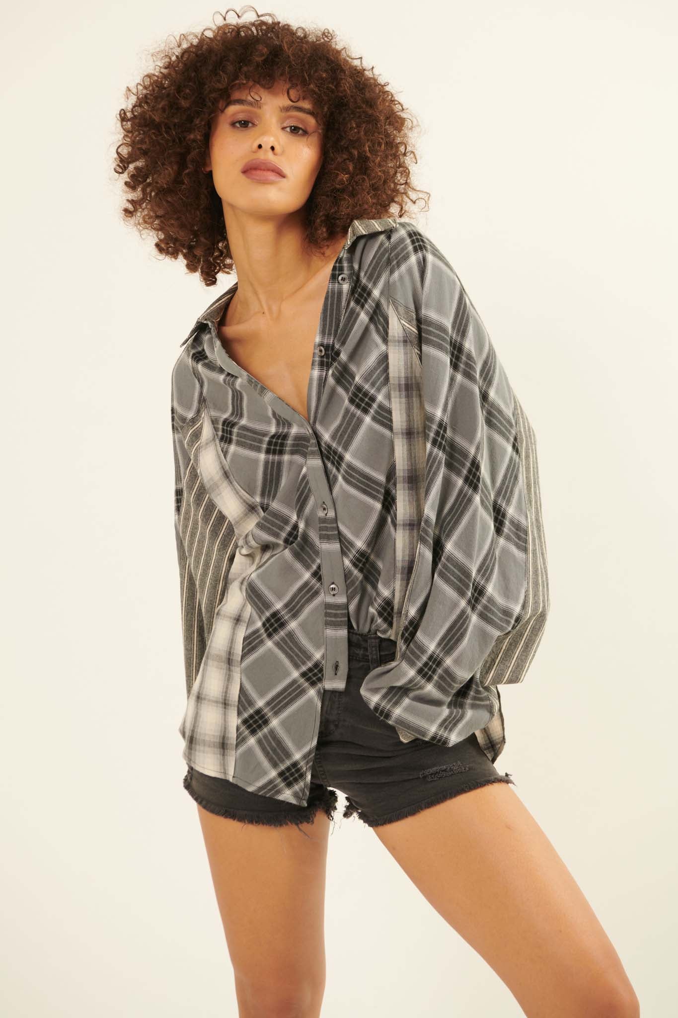 In the Mix Colorblock Plaid Button-Up Shirt - ShopPromesa