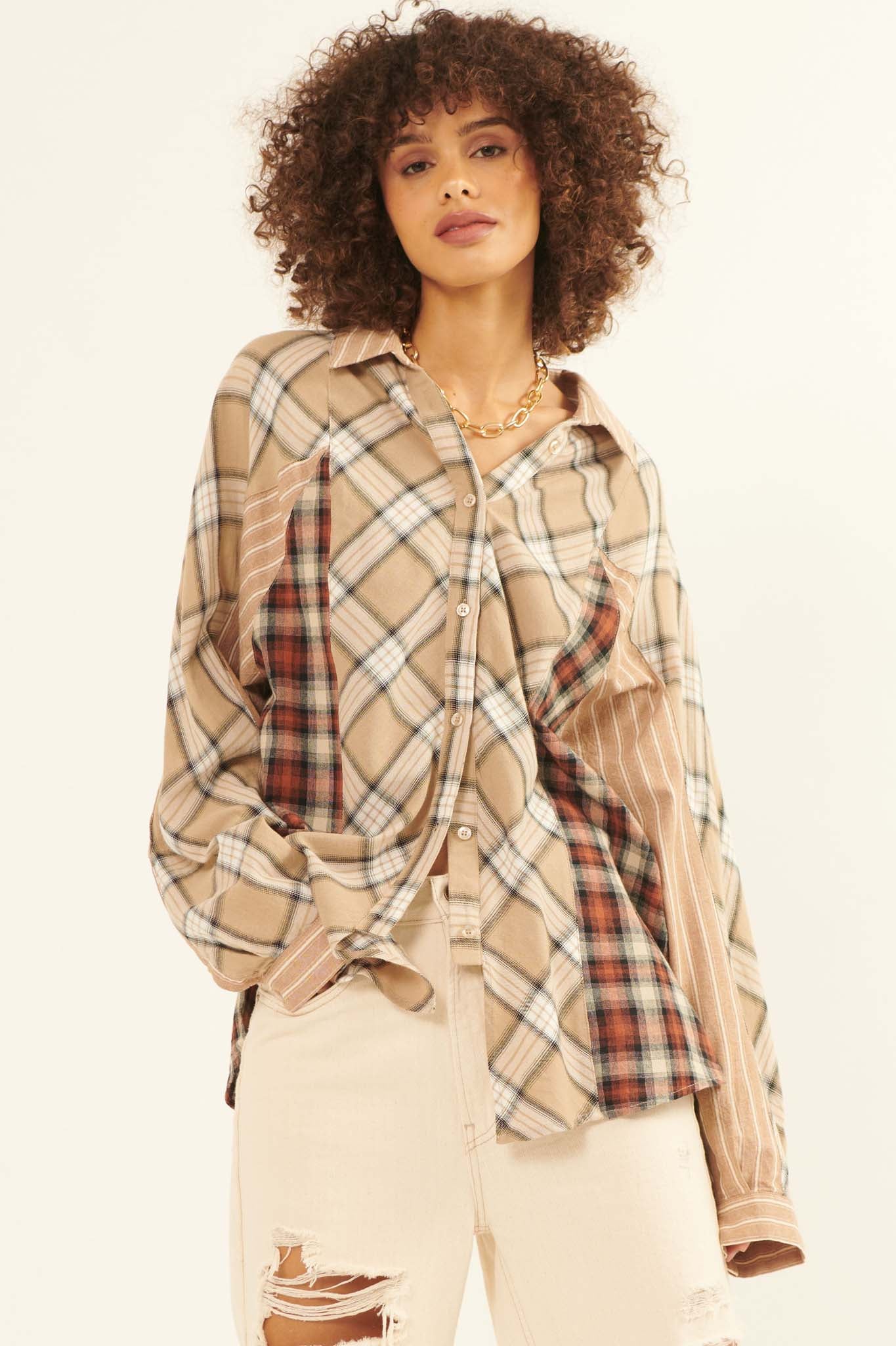 In the Mix Colorblock Plaid Button-Up Shirt - ShopPromesa