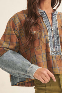 Rustic Soul Denim and Plaid Half-Zip Top - ShopPromesa