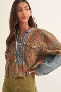 Rustic Soul Denim and Plaid Half-Zip Top - ShopPromesa