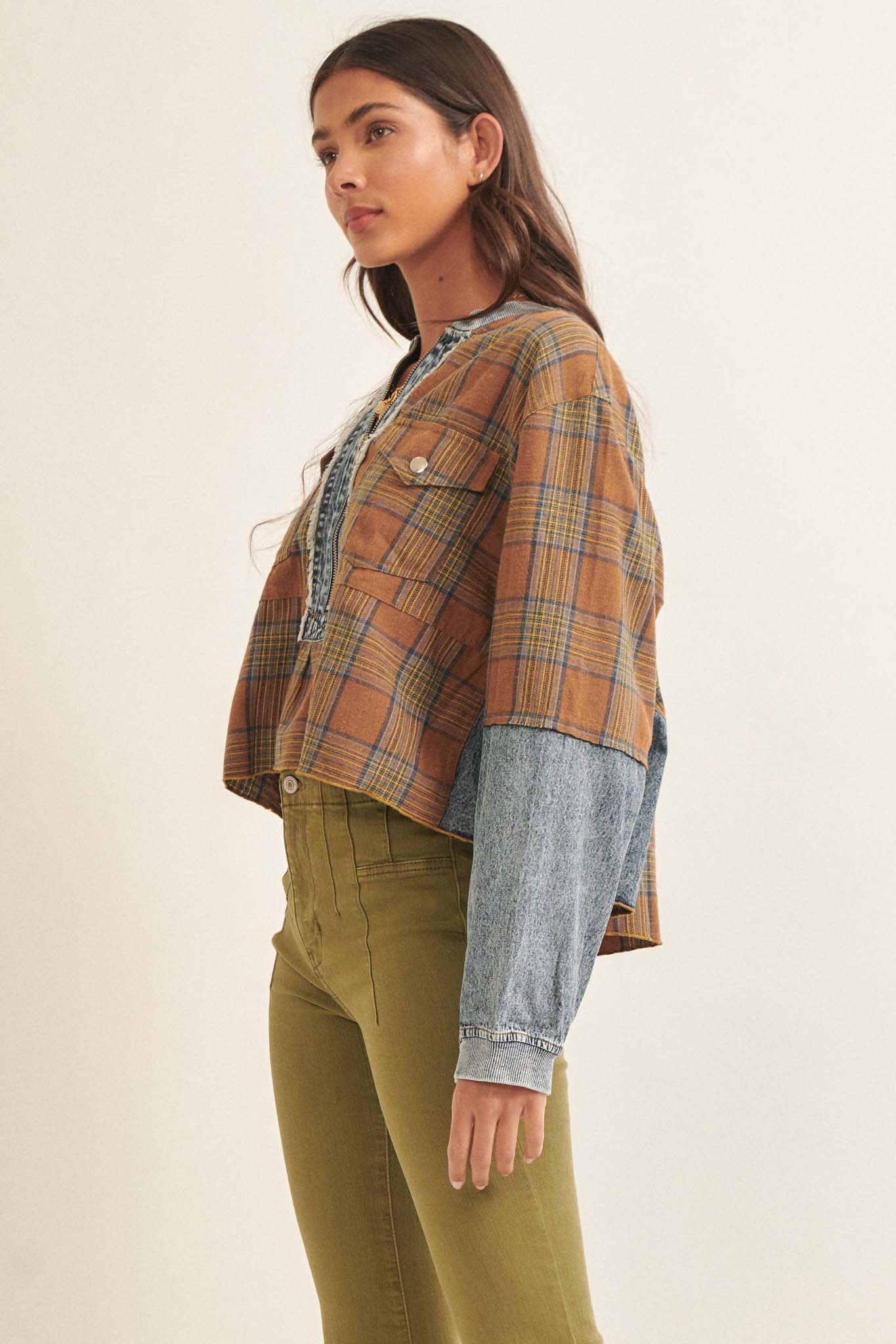 Rustic Soul Denim and Plaid Half-Zip Top - ShopPromesa