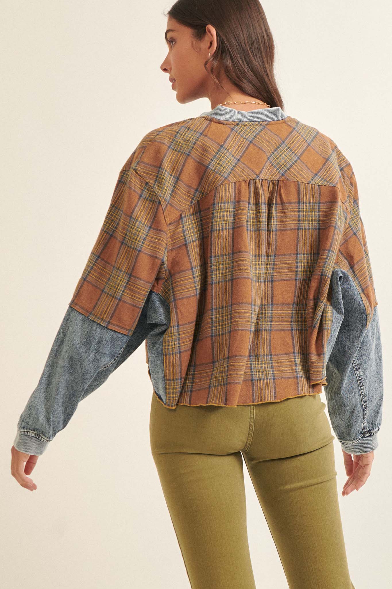 Rustic Soul Denim and Plaid Half-Zip Top - ShopPromesa