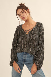 Going Global Geo-Print Lace-Up Peasant Top - ShopPromesa